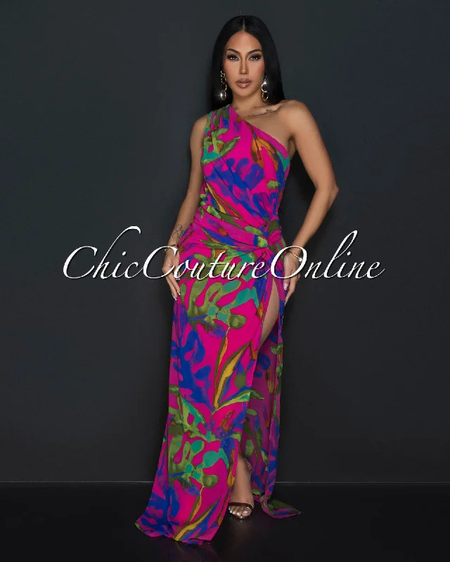 Kimia Green Fuchsia Single Shoulder Twist Maxi Dress