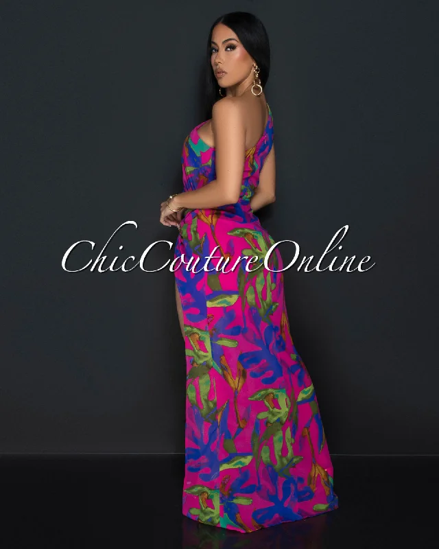 Kimia Green Fuchsia Single Shoulder Twist Maxi Dress