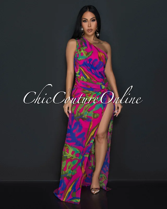 Kimia Green Fuchsia Single Shoulder Twist Maxi Dress