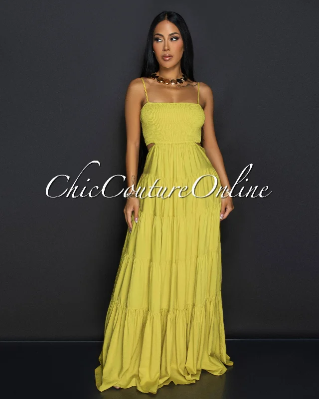 Kiri Lime Smocked Top Cut Out Ruffle Maxi Dress