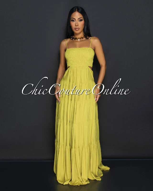 Kiri Lime Smocked Top Cut Out Ruffle Maxi Dress