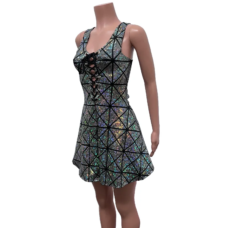 Lace-Up Open-Front Dress - Silver Glass Pane Holographic