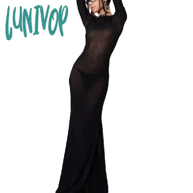 Lunivop Women See Through Bodycon Long Dress Long Sleeve Mesh Sheer Maxi Dress Cross Tie Up Backless Club Party Dress Maxi Dress