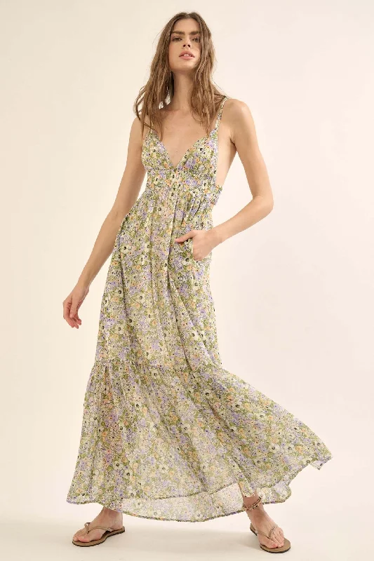 Magical Meadow Floral Chiffon Open-Back Maxi Dress