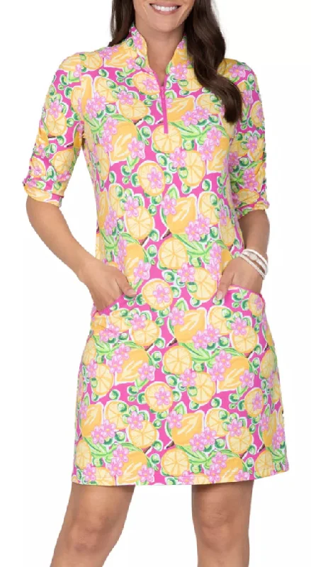 New Ibkul Calista Print in Hot Pink Runced Elbow Length Sleeve Dress Size S MSP$128