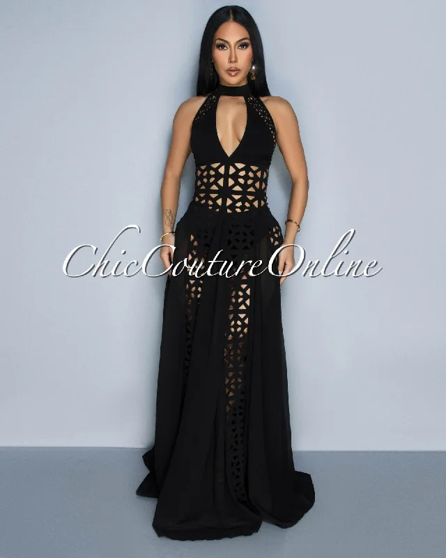 Shavina Black Geometric Halter Maxi Gown