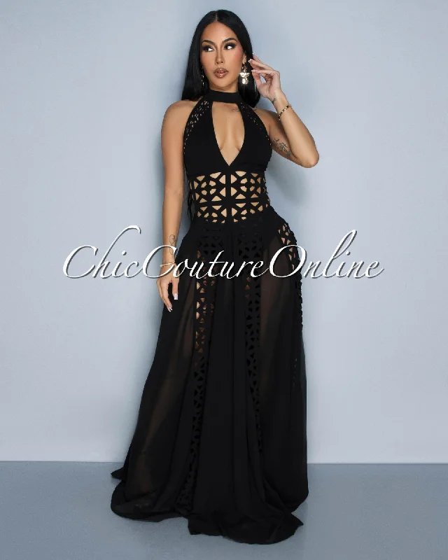 Shavina Black Geometric Halter Maxi Gown