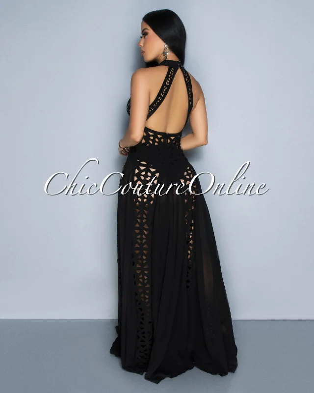 Shavina Black Geometric Halter Maxi Gown