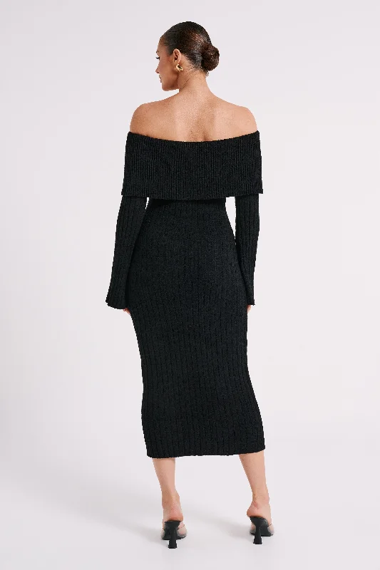 Stefania Off Shoulder Knit Dress - Black