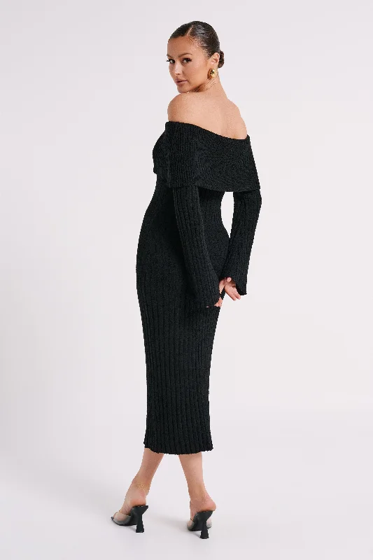 Stefania Off Shoulder Knit Dress - Black