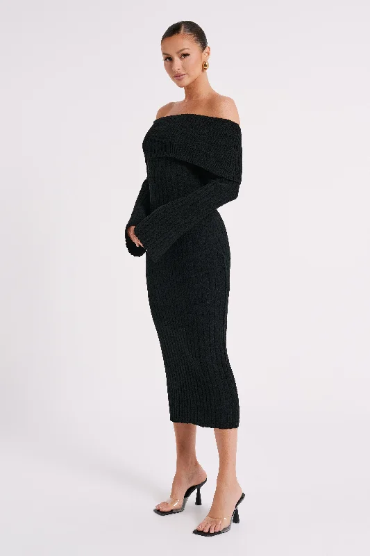 Stefania Off Shoulder Knit Dress - Black