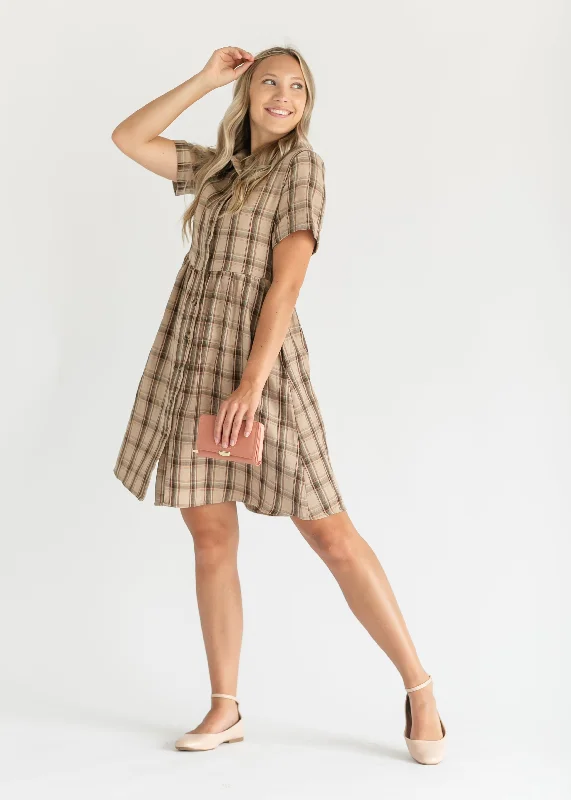 Taupe Plaid Short Sleeve Midi Dress