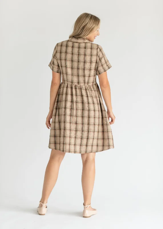 Taupe Plaid Short Sleeve Midi Dress