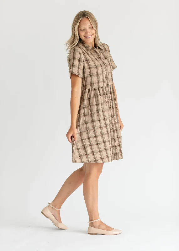 Taupe Plaid Short Sleeve Midi Dress