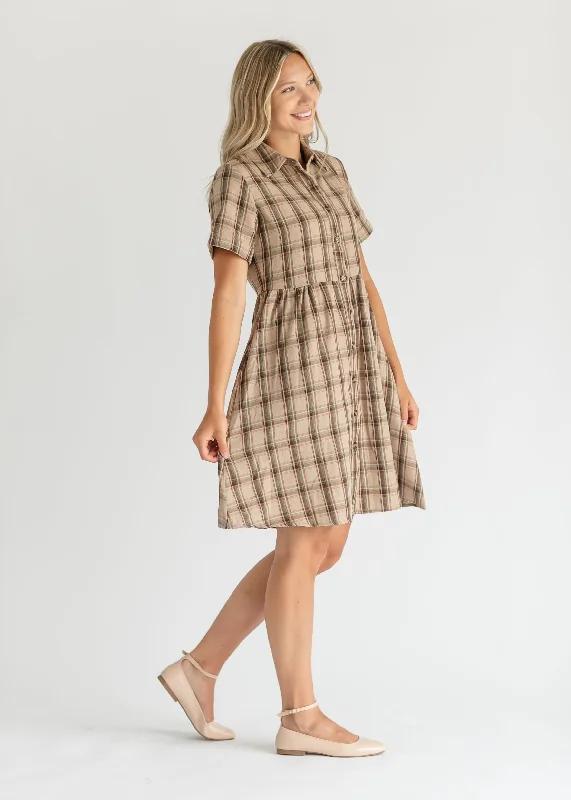 Taupe Plaid Short Sleeve Midi Dress