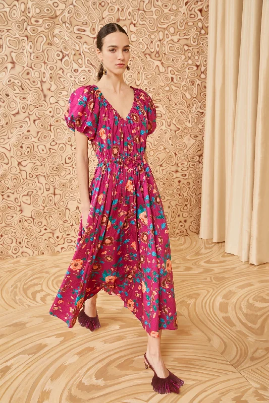 Vika Pink Cotton Floral Midi Dress