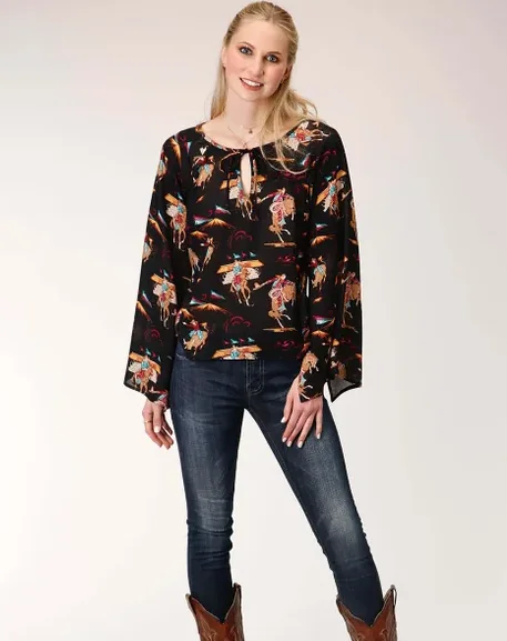 03-050-0590-6096 Roper Wms L/S Blouse Black Rodeo