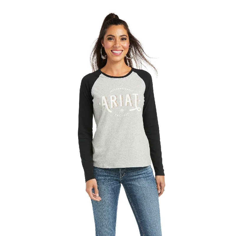 10037360 Ariat Women's Real Loop Baseball LS Tee Heather Grey/Black