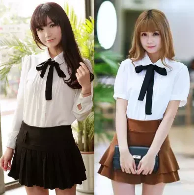 Cute students bowknot tie sweet chiffon blouse   YV16040