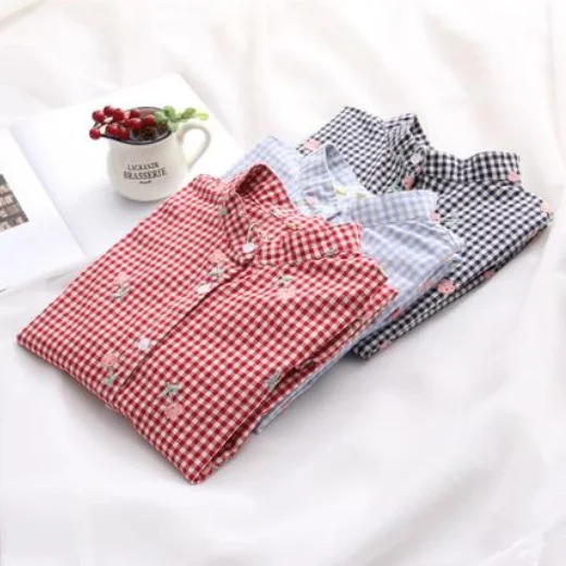 Japanese embroidery floral plaid shirt yv42028