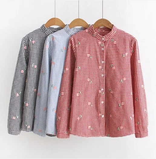 Japanese embroidery floral plaid shirt yv42028