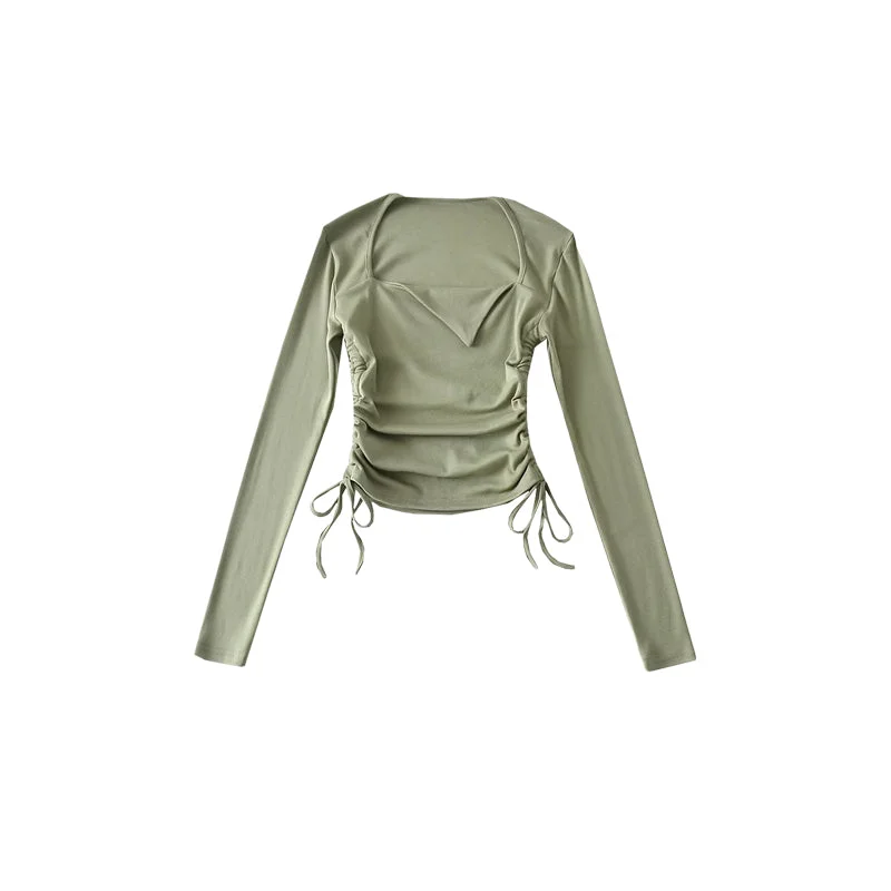 Annie Solid Color Lapel Collae Long Sleeve Ruched Top