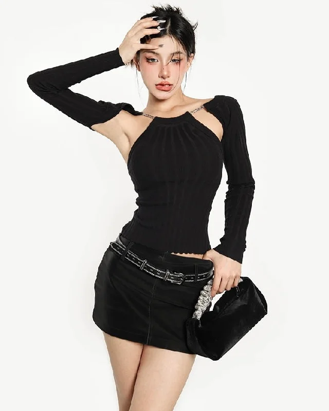 Elise Solid Color Chain Strap Ribbed Long Sleeve Top