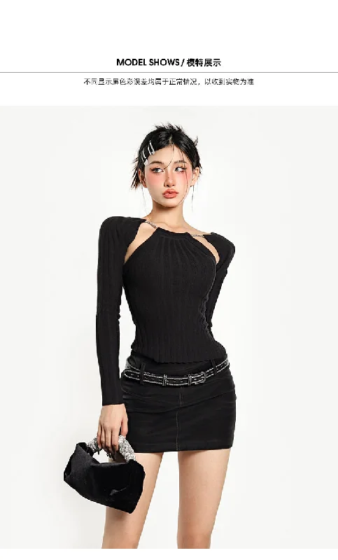 Elise Solid Color Chain Strap Ribbed Long Sleeve Top