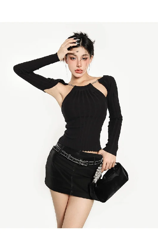 Elise Solid Color Chain Strap Ribbed Long Sleeve Top