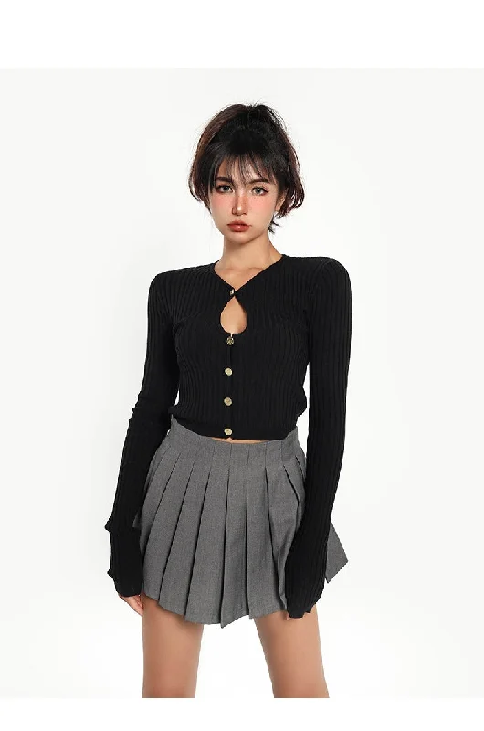 Rory Button Up Ribbed Long Sleeve Solid Color Black Top