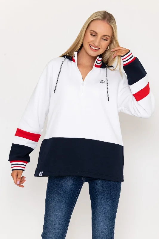 Colour Block Half Zip Hooded Sweatshirt in White