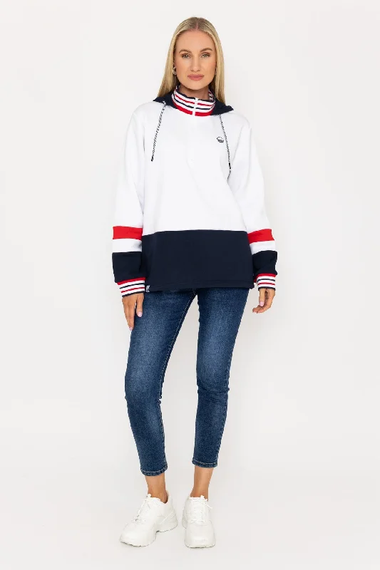 Colour Block Half Zip Hooded Sweatshirt in White