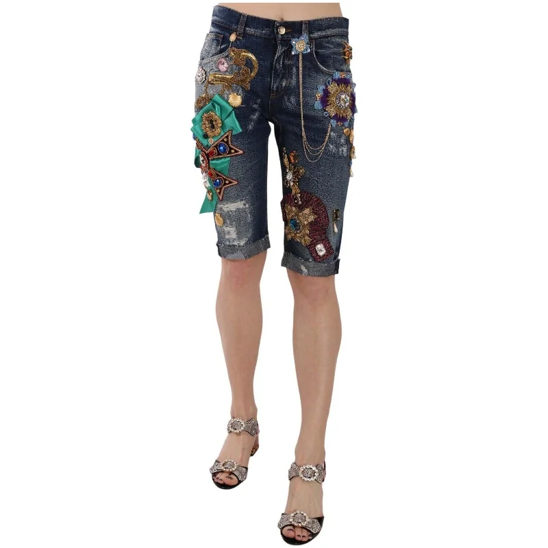 Dolce & Gabbana Elegant Knee-Length Embellished Denim Shorts