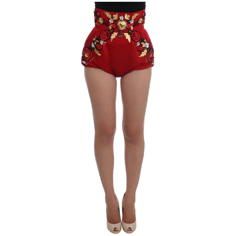 Dolce & Gabbana Red Silk Crystal-Embellished High Waist Shorts