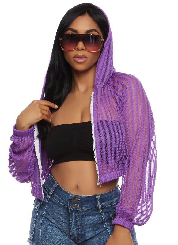 Mesh Shadow Striped Zip Front Cropped Hoodie