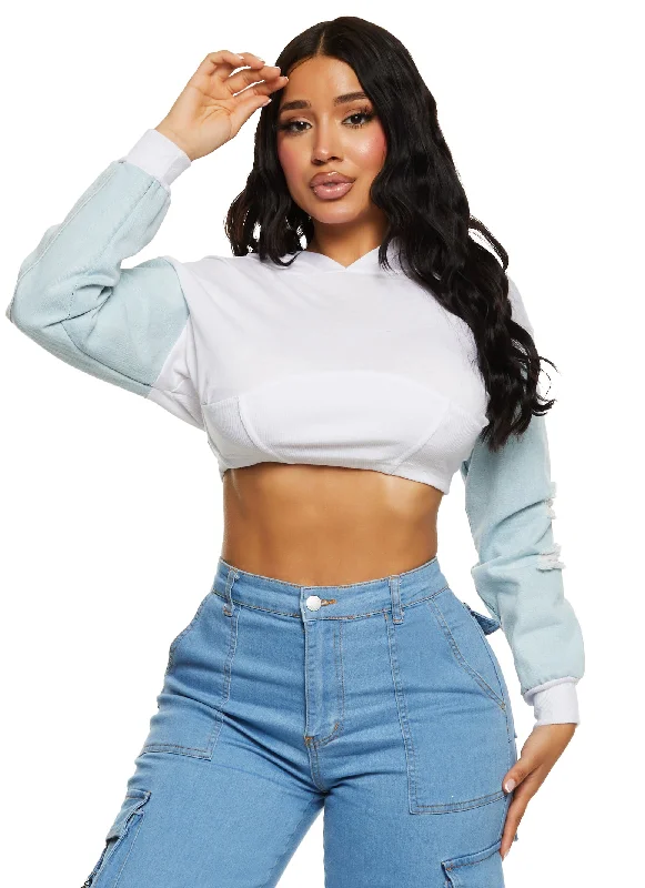 Denim Sleeve Cropped Hoodie