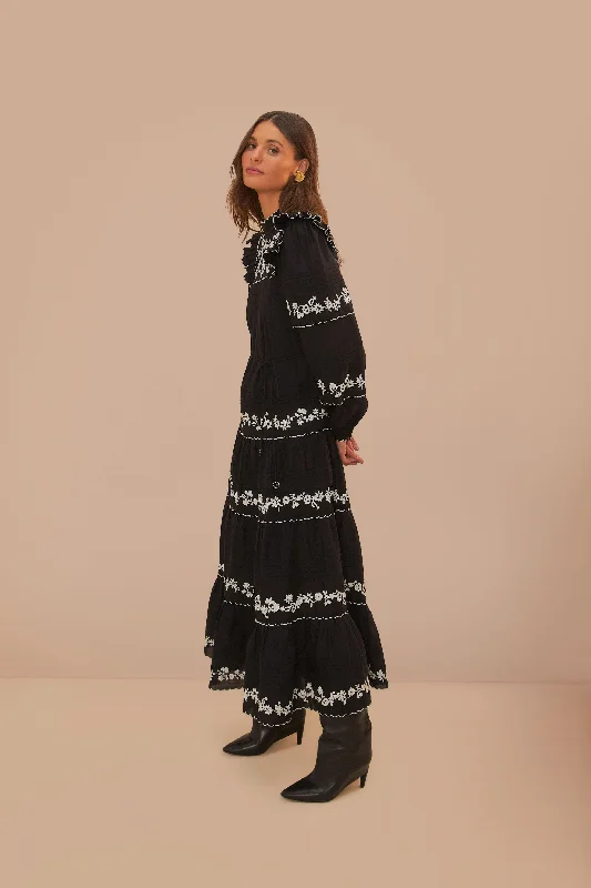 Black And White Embroidered Long Sleeve Maxi Dress