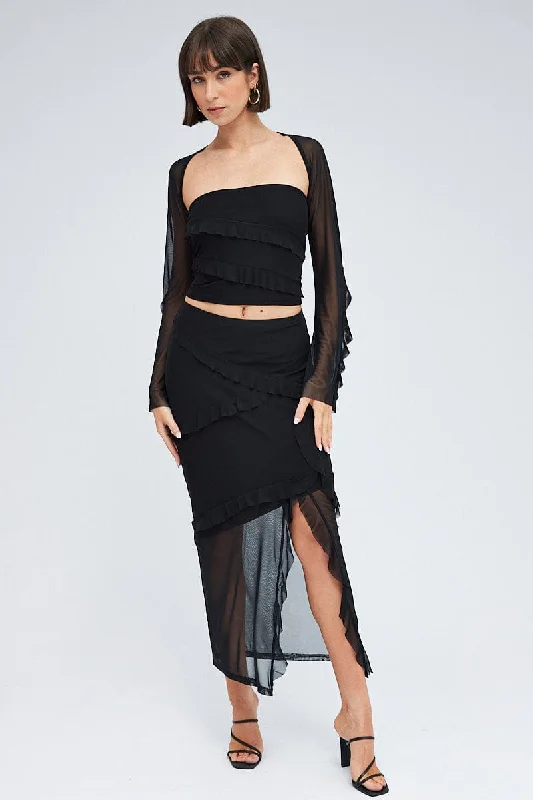 Black Maxi Skirt Ruffle Detail Mesh