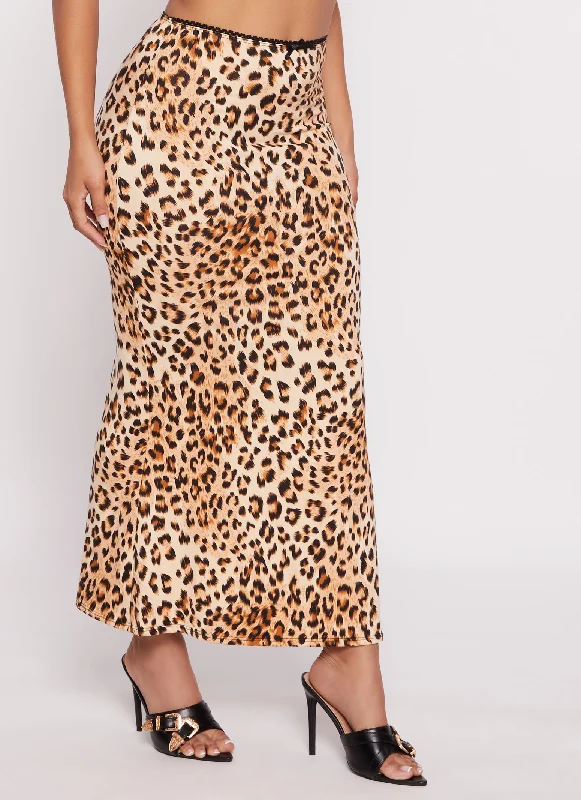 Animal Print Lace Trim Maxi Skirt