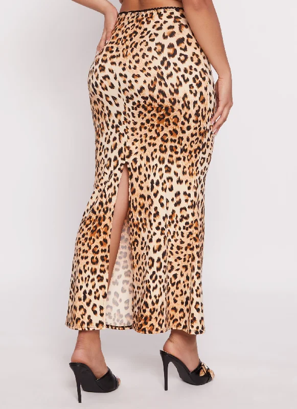 Animal Print Lace Trim Maxi Skirt