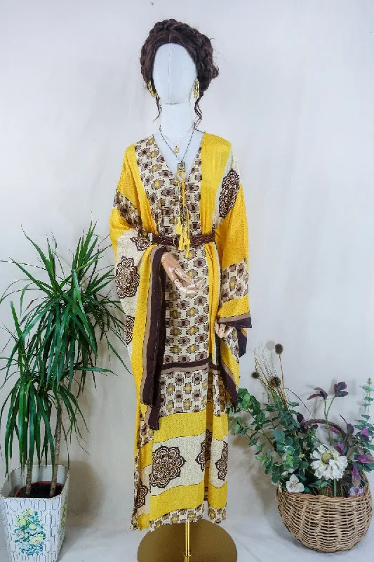 Cassandra Maxi Kaftan - Limoncello and Chocolate Ikat  - Vintage Sari - Size L/XL