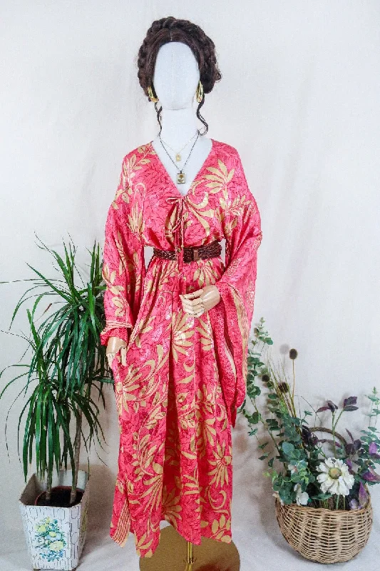 Cassandra Maxi Kaftan - French Rose and Taupe Floral Shimmer - Vintage Sari - Size L/XL