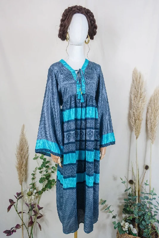 Gaia Kaftan Dress - Dark Side of the Moon Silver Delicate Floral - Vintage Indian Sari - Free Size