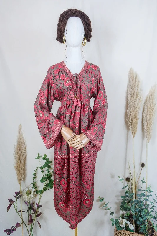 Gaia Kaftan Dress - Sweet Pink & Ash Grey Floral - Vintage Indian Sari - Free Size