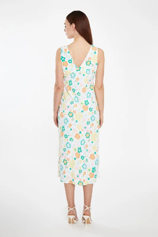 Retro Spring-Floral V-Neck Bias-Cut Maxi-Dress