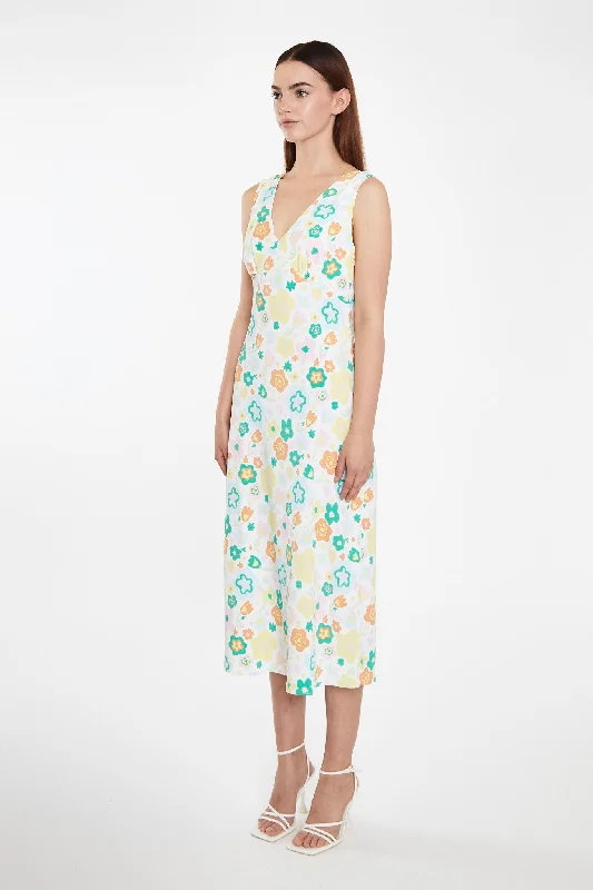 Retro Spring-Floral V-Neck Bias-Cut Maxi-Dress