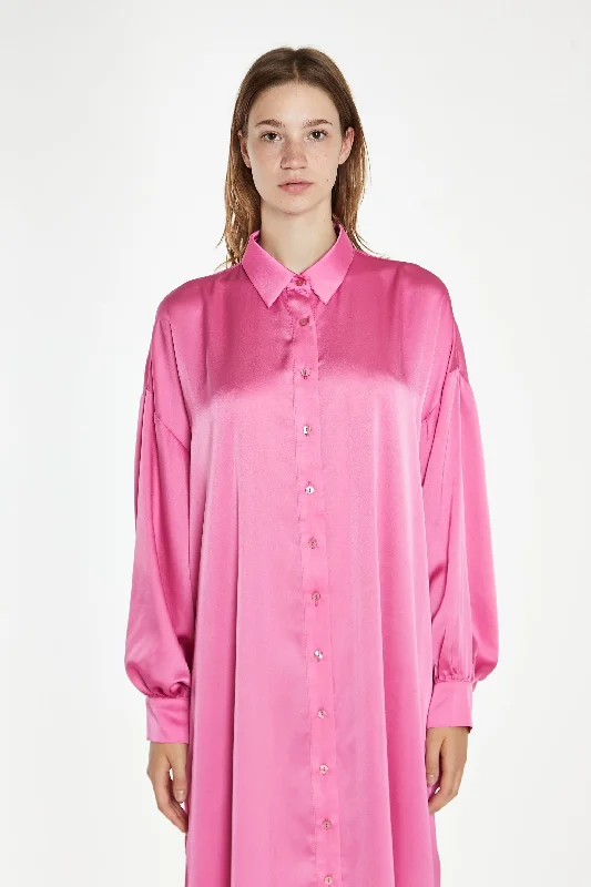 Pink Satin Oversized Maxi Shirt Dress