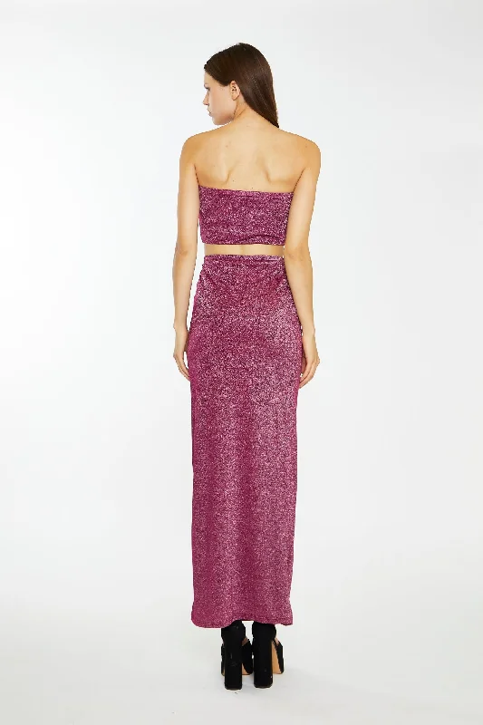 Red-Plum Glitter Straight Maxi-Skirt