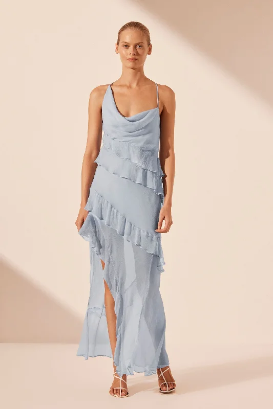 LAYLA ASYMMETRICAL RUFFLE MAXI DRESS - SKY