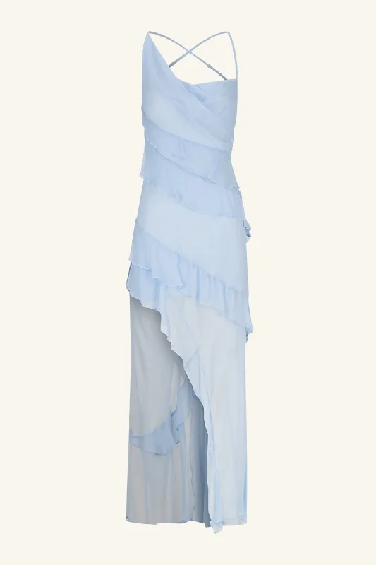 LAYLA ASYMMETRICAL RUFFLE MAXI DRESS - SKY